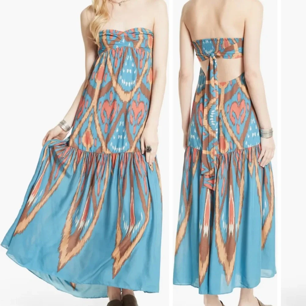 Free People Blue Tie-Dye Strapless Maxi Dress With Open Back - Picture 1 of 4